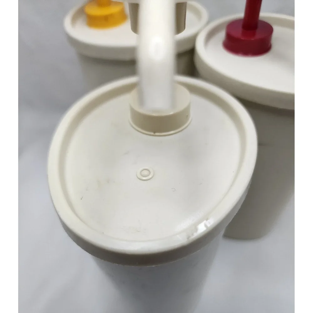 Vintage Tupperware Condiment Pump Dispensers Set of 3 Almond Red Yellow 640-21